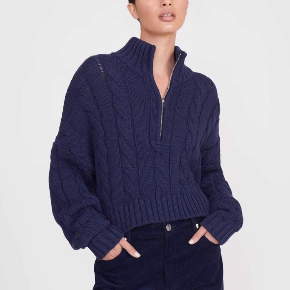 STAUD Cropped Hampton Sweater Knit Top - Navy Blue Zip Up Causal Knit Wool
